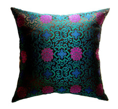 Black, Teal & Fuschia Silk Brocade Pair of Pillows  (24 x 24)