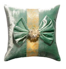 Mint Green Velvet Bow Pillow with Vintage Julianna Brooch (14 x 14)