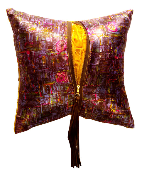 Vintage Abstract Purple & Caramel Tassel Pillow (16 x 16)