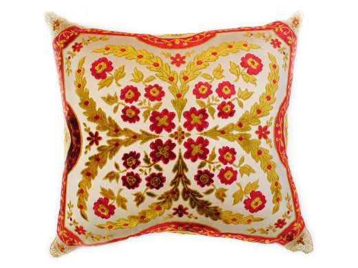 Fringed Gold, Cream & Red French Cut Velvet Pillow (22 x 24)